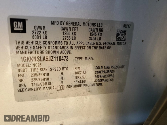 2018 GMC Acadia SLE with VIN 1GKKNSLA5JZ110473, listed as a Copart auction lot 42616735 with 152,383 mi miles and Salvage Title. Bid and sale history available at DreamBid. Image 16.
