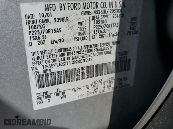 2002 Ford Escape XLS Choice with VIN 1FMYU02112KB00947, listed as a Copart auction lot 48948855 with 223,287 mi miles and Salvage title. Bid and sale history available at DreamBid. Image 13.
