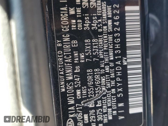 2017 Kia Sorento EX with VIN 5XYPHDA13HG324622, listed as a Copart auction lot 47050125 with 117,694 mi miles and Salvage Title. Bid and sale history available at carsss.com. Image 13.