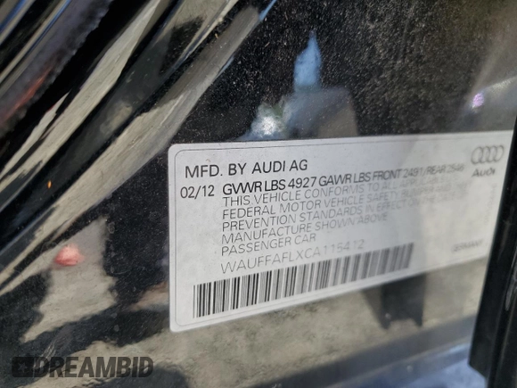2012 Audi A4 2.0T Premium Plus with VIN WAUFFAFLXCA115412, listed as a Copart auction lot 54604175 with 69,490 mi miles and Salvage Title. Bid and sale history available at carsss.com. Image 12.