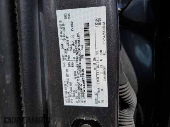 2022 Ford F-150 XL with VIN 1FTFW1E52NFC13829, listed as a Copart auction lot 61935915 with 72,912 mi miles and Salvage title. Bid and sale history available at DreamBid. Image 12.