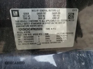 2015 Chevrolet Tahoe LTZ z VIN 1GNSKCKC4FR626030, wystawiony jako Copart lot #56280805 z przebiegiem Nie podano mil oraz Szkoda całkowita • Salvage title. Historia ofert i sprzedaży dostępna na DreamBid. Obrazek 12.