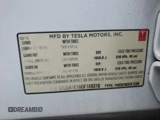 2016 Tesla Model S 70 with VIN 5YJSA1E16GF159310, listed as a Copart auction lot 53568125 with 146,531 mi miles and Salvage title. Bid and sale history available at DreamBid. Image 12.