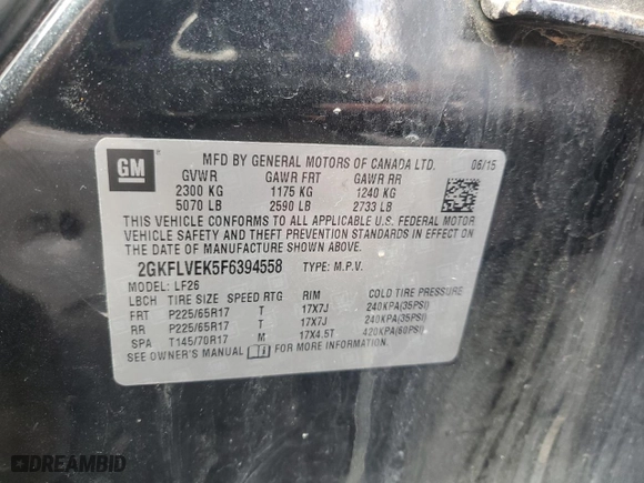 2015 GMC Terrain SLE with VIN 2GKFLVEK5F6394558, listed as a Copart auction lot 52313915 with 0 mi miles and Clean Title. Bid and sale history available at carsss.com. Image 13.