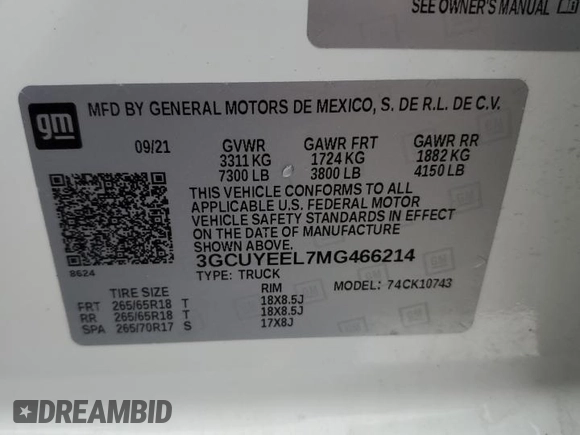2021 Chevrolet Silverado 1500 RST with VIN 3GCUYEEL7MG466214, listed as a Copart auction lot 72216814 with 68,831 mi miles and Salvage Title. Bid and sale history available at carsss.com. Image 15.
