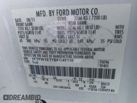 2011 Ford F-150 XLT with VIN 1FTFW1ET7BFC45136, listed as a IAAI auction lot 42177848 with Not provided miles and . Bid and sale history available at DreamBid. Image 9.