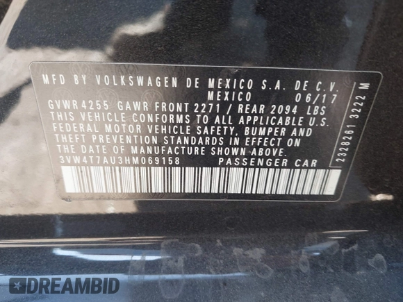 2017 Volkswagen GTI S с VIN 3VW4T7AU3HM069158, выставлен на аукционе IAAI как лот 42298957 с пробегом 53 433 миль миль и . История ставок и продаж доступна на DreamBid. Изображение 9.