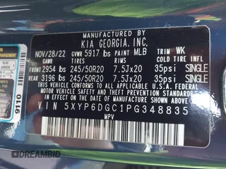 2023 Kia Telluride S with VIN 5XYP6DGC1PG348835, listed as a IAAI auction lot 41985119 with 34,701 mi miles and . Bid and sale history available at DreamBid. Image 9.