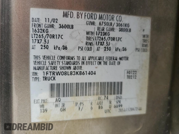 2003 Ford F-150 XLT with VIN 1FTRW08L83KB61404, listed as a Copart auction lot 51869675 with 22,216 mi miles and Salvage Title. Bid and sale history available at carsss.com. Image 14.