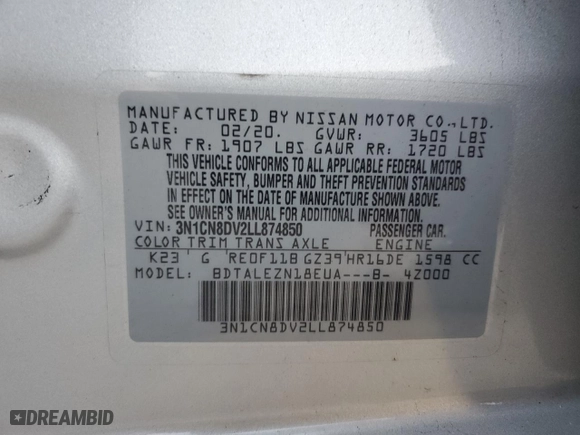 2020 Nissan Versa S with VIN 3N1CN8DV2LL874850, listed as a Copart auction lot 88259735 with 66,734 mi miles and Salvage Title. Bid and sale history available at carsss.com. Image 12.