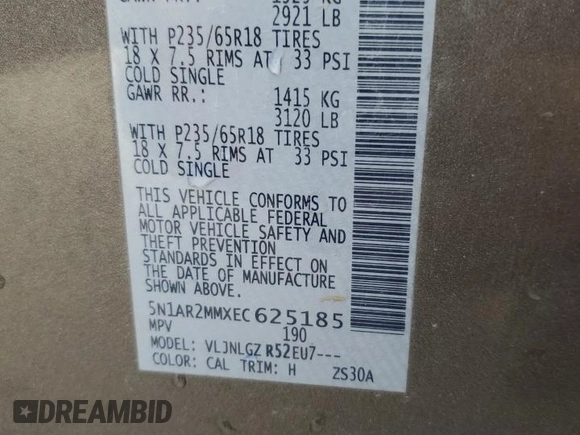 2014 Nissan Pathfinder S with VIN 5N1AR2MMXEC625185, listed as a Copart auction lot 60523805 with Not provided miles and Salvage title. Bid and sale history available at DreamBid. Image 14.