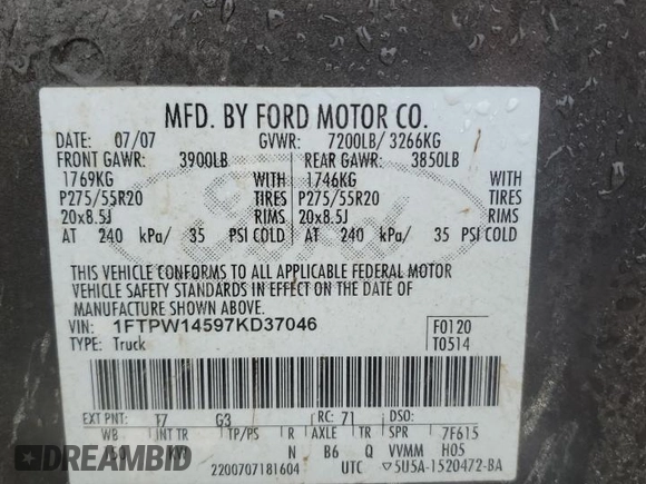 2007 Ford F-150 XLT with VIN 1FTPW14597KD37046, listed as a Copart auction lot 49862455 with Not Provided miles and Non Repairable. Bid and sale history available at DreamBid. Image 12.