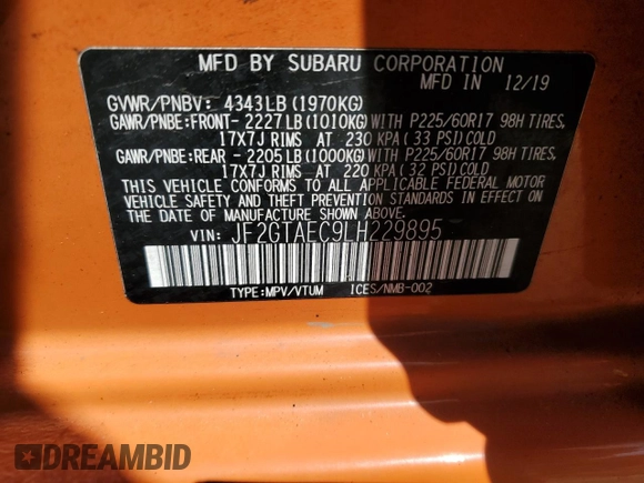 2020 Subaru Crosstrek Premium with VIN JF2GTAEC9LH229895, listed as a Copart auction lot 57434145 with 70,121 mi miles and Salvage title. Bid and sale history available at DreamBid. Image 13.