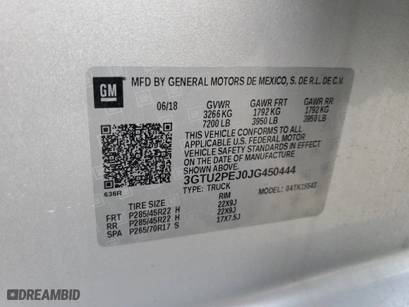 2018 GMC Sierra 1500 Denali with VIN 3GTU2PEJ0JG450444, listed as a Copart auction lot 46839075 with 62,703 mi miles and Salvage Title. Bid and sale history available at carsss.com. Image 12.