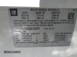 2013 Chevrolet Equinox LTZ with VIN 1GNALFEK3DZ123471, listed as a IAAI auction lot 41534016 with 121,620 mi miles. Bid and sale history available at carsss.com. Image 9.