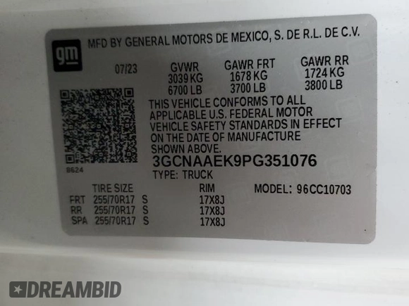 2023 Chevrolet Silverado 1500 Work Truck with VIN 3GCNAAEK9PG351076, listed as a Copart auction lot 48350455 with 126,908 mi miles and Clean Title. Bid and sale history available at carsss.com. Image 12.
