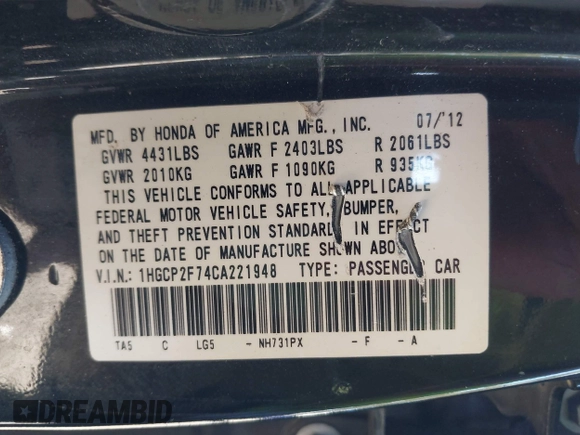 2012 Honda Accord EX with VIN 1HGCP2F74CA221948, listed as a IAAI auction lot 42708619 with 262,342 mi miles and . Bid and sale history available at DreamBid. Image 9.