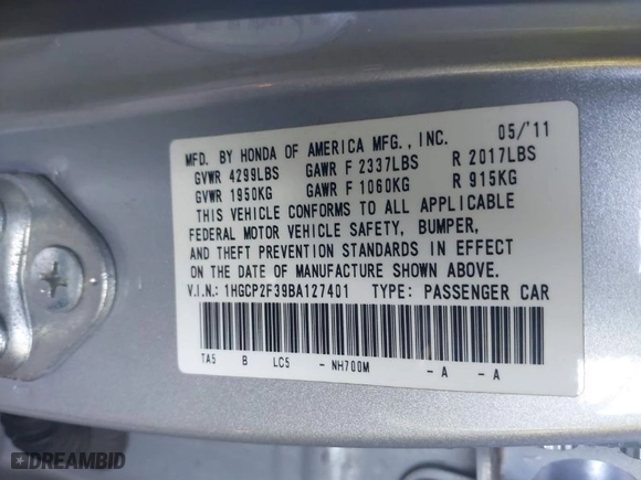 2011 Honda Accord Sdn LX with VIN 1HGCP2F39BA127401, listed as a IAAI auction lot 41747800 with 214900 miles. Bid and sale history available at carsss.com. Image 9.
