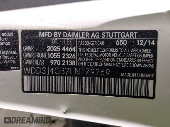2015 Mercedes-Benz CLA 250 with VIN WDDSJ4GB7FN179269, listed as a IAAI auction lot 41743091 with 114,133 mi miles and . Bid and sale history available at DreamBid. Image 9.