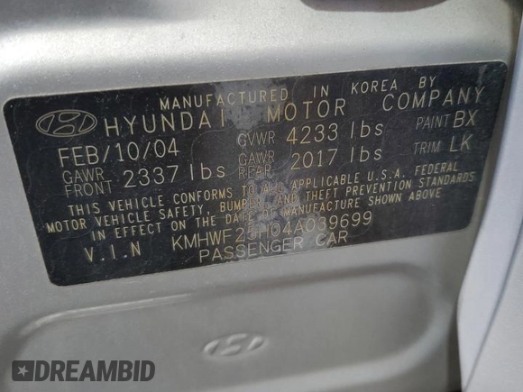 2004 Hyundai Sonata with VIN KMHWF25H04A039699, listed as a Copart auction lot 48349465 with 164,178 mi miles and Salvage Title. Bid and sale history available at carsss.com. Image 14.