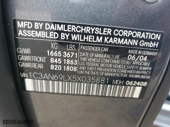 2005 Chrysler Crossfire Limited with VIN 1C3AN69LX5X035881, listed as a Copart auction lot 81301504 with 133955 miles and Salvage Title. Bid and sale history available at carsss.com. Image 12.