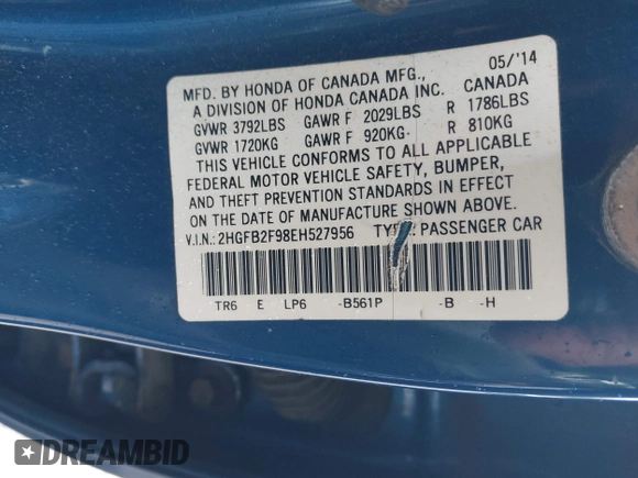 2014 Honda Civic EX-L with VIN 2HGFB2F98EH527956, listed as a IAAI auction lot 42181775 with 174,597 mi miles and . Bid and sale history available at DreamBid. Image 9.
