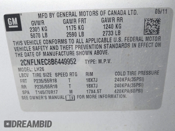2011 Chevrolet Equinox 2LT with VIN 2CNFLNEC8B6449952, listed as a IAAI auction lot 42158039 with 161,447 mi miles and . Bid and sale history available at DreamBid. Image 9.