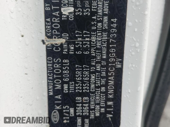2016 Kia Sedona L with VIN KNDMA5C19G6173944, listed as a Copart auction lot 45194425 with 95,252 mi miles and Salvage Title. Bid and sale history available at carsss.com. Image 15.