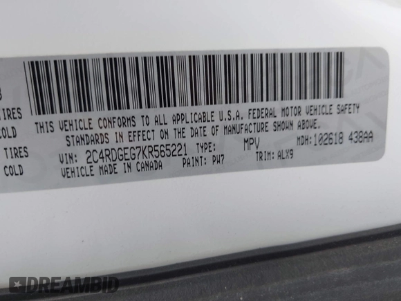 2019 Dodge Grand Caravan GT with VIN 2C4RDGEG7KR565221, listed as a IAAI auction lot 42194165 with 171,582 mi miles and . Bid and sale history available at DreamBid. Image 9.