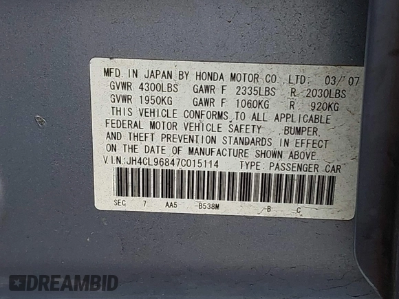 2007 Acura TSX with VIN JH4CL96847C015114, listed as a IAAI auction lot 42529289 with 169,492 mi miles and . Bid and sale history available at DreamBid. Image 9.