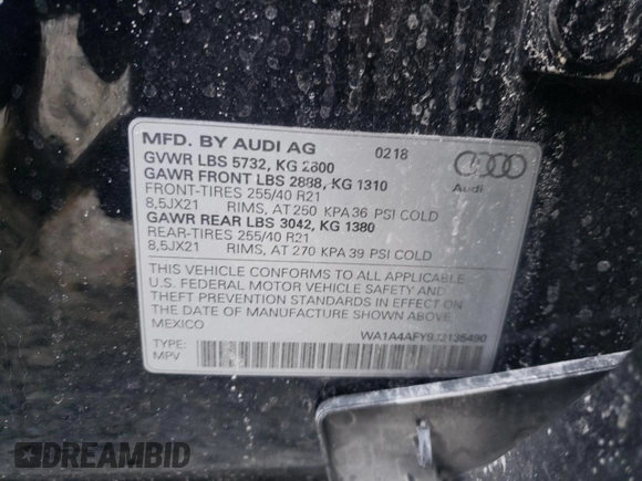 2018 Audi SQ5 Premium Plus with VIN WA1A4AFY9J2135490, listed as a Copart auction lot 69659252 with 0 mi miles. Bid and sale history available at carsss.com. Image 13.