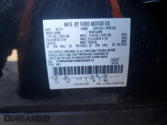 2021 Ford Explorer with VIN 1FMSK8BHXMGB49612, listed as a Copart auction lot 87239564 with 60,403 mi miles and Salvage Title. Bid and sale history available at carsss.com. Image 13.