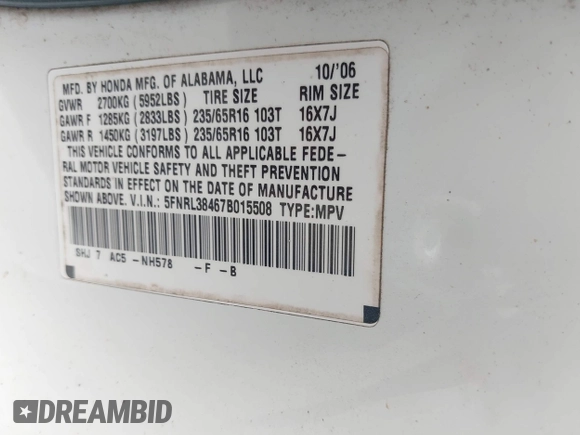2007 Honda Odyssey EX с VIN 5FNRL38467B015508, выставлен на аукционе IAAI как лот 42438248 с пробегом Не указан миль и . История ставок и продаж доступна на DreamBid. Изображение 9.