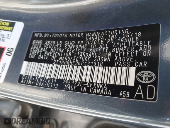 2019 Toyota Corolla L z VIN 2T1BURHE3KC131918, wystawiony jako IAAI lot #41617003 z przebiegiem 63 134 mil mil oraz . Historia ofert i sprzedaży dostępna na DreamBid. Obrazek 9.