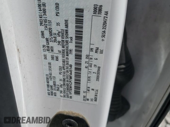 2021 Ford F-150 XL с VIN 1FTEW1CP7MFA45149, выставлен на аукционе Copart как лот 57301975 с пробегом 124 413 миль миль и Списание • Salvage title. История ставок и продаж доступна на DreamBid. Изображение 12.