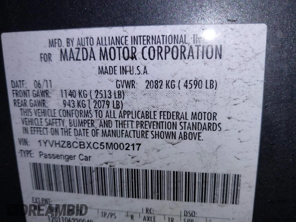 2012 Mazda 6 S Grand Touring with VIN 1YVHZ8CBXC5M00217, listed as a IAAI auction lot 41492686 with 101,571 mi miles and . Bid and sale history available at DreamBid. Image 9.