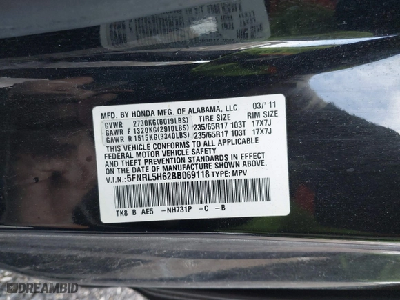2011 Honda Odyssey EX-L with VIN 5FNRL5H62BB069118, listed as a IAAI auction lot 41808017 with 138,271 mi miles. Bid and sale history available at carsss.com. Image 9.