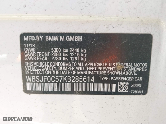 2019 BMW M5 Competition with VIN WBSJF0C57KB285614, listed as a IAAI auction lot 39011419 with 1 mi miles. Bid and sale history available at carsss.com. Image 9.