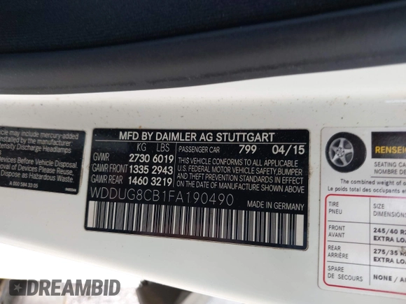 2015 Mercedes-Benz S 550 with VIN WDDUG8CB1FA190490, listed as a IAAI auction lot 42022684 with 68,930 mi miles and . Bid and sale history available at DreamBid. Image 9.
