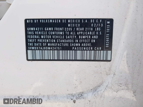 2013 Volkswagen Jetta SE with VIN 3VWDX7AJ8DM424751, listed as a IAAI auction lot 41659290 with 123,408 mi miles and . Bid and sale history available at DreamBid. Image 9.