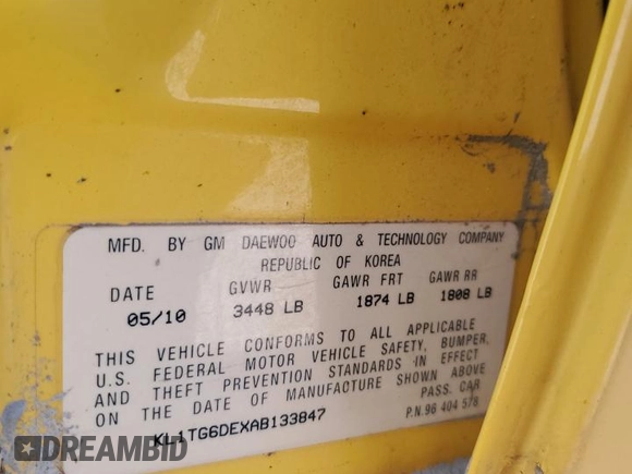 2010 Chevrolet Aveo 2LT with VIN KL1TG6DEXAB133847, listed as a Copart auction lot 56783285 with 120,120 mi miles and Salvage title. Bid and sale history available at DreamBid. Image 13.