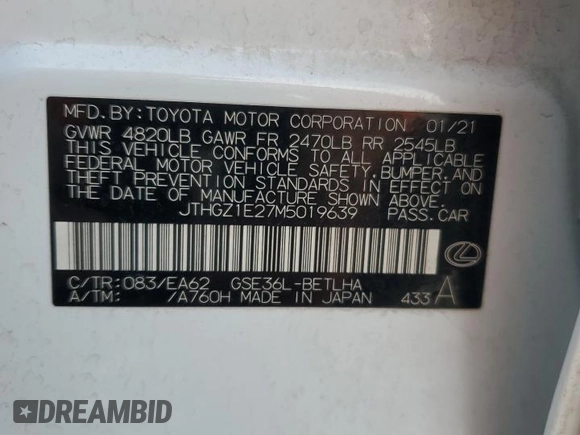 2021 Lexus IS 350 F Sport with VIN JTHGZ1E27M5019639, listed as a Copart auction lot 47351915 with 78,813 mi miles and Salvage Title. Bid and sale history available at DreamBid. Image 14.
