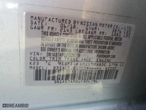2018 Nissan Sentra S with VIN 3N1AB7AP0JY326796, listed as a Copart auction lot 48325155 with 60,827 mi miles and Salvage Title. Bid and sale history available at carsss.com. Image 14.