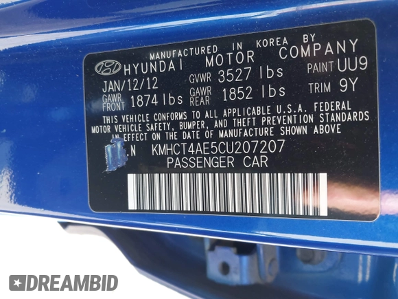 2012 Hyundai Accent GLS with VIN KMHCT4AE5CU207207, listed as a IAAI auction lot 42153757 with 163,278 mi miles. Bid and sale history available at carsss.com. Image 9.