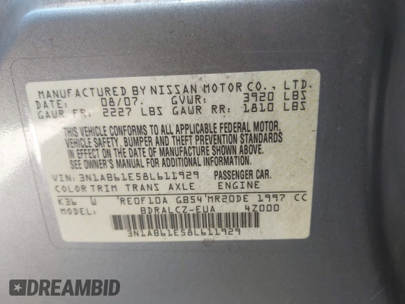 2008 Nissan Sentra S z VIN 3N1AB61E58L611929, wystawiony jako IAAI lot #42025636 z przebiegiem 193 438 mil mil oraz . Historia ofert i sprzedaży dostępna na DreamBid. Obrazek 9.