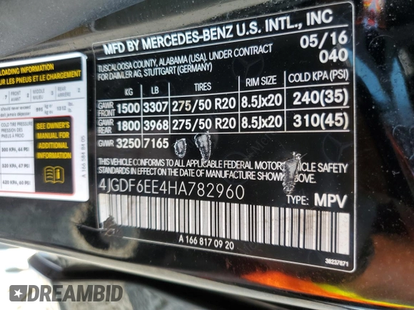 2017 Mercedes-Benz GLS 450 z VIN 4JGDF6EE4HA782960, wystawiony jako Copart lot #60368235 z przebiegiem 88 178 mil mil oraz Szkoda całkowita • Salvage title. Historia ofert i sprzedaży dostępna na DreamBid. Obrazek 14.