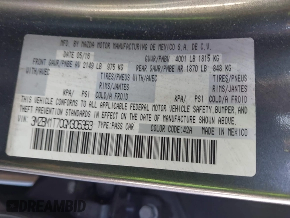 2016 Mazda 3 i Sport with VIN 3MZBM1T70GM305353, listed as a IAAI auction lot 42101846 with 103,791 mi miles and . Bid and sale history available at carsss.com. Image 9.