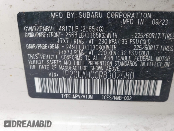 2024 Subaru Crosstrek Premium with VIN JF2GUADC0R8302580, listed as a IAAI auction lot 42087580 with 13,766 mi miles and . Bid and sale history available at DreamBid. Image 9.