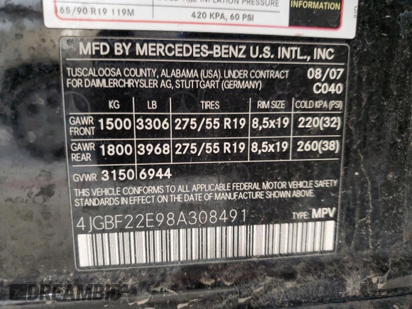2008 Mercedes-Benz GL-Class 3.0L CDI with VIN 4JGBF22E98A308491, listed as a Copart auction lot 51607395 with 248,759 mi miles and Clean Title. Bid and sale history available at carsss.com. Image 13.