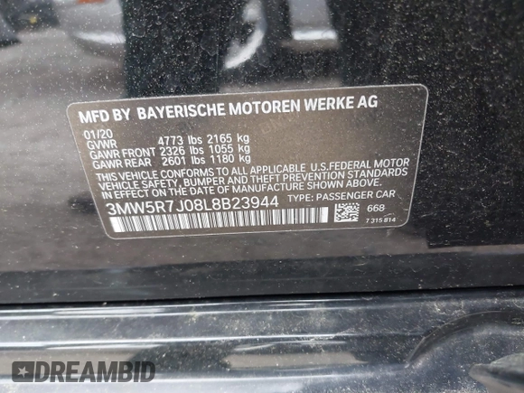 2020 BMW 3 Series 330i xDrive with VIN 3MW5R7J08L8B23944, listed as a IAAI auction lot 42336524 with 86,314 mi miles and . Bid and sale history available at DreamBid. Image 9.